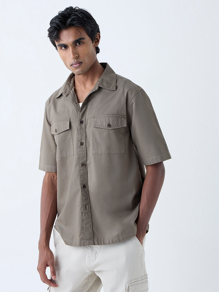 WES Casuals Dark Olive Solid Relaxed-Fit Cotton Shirt