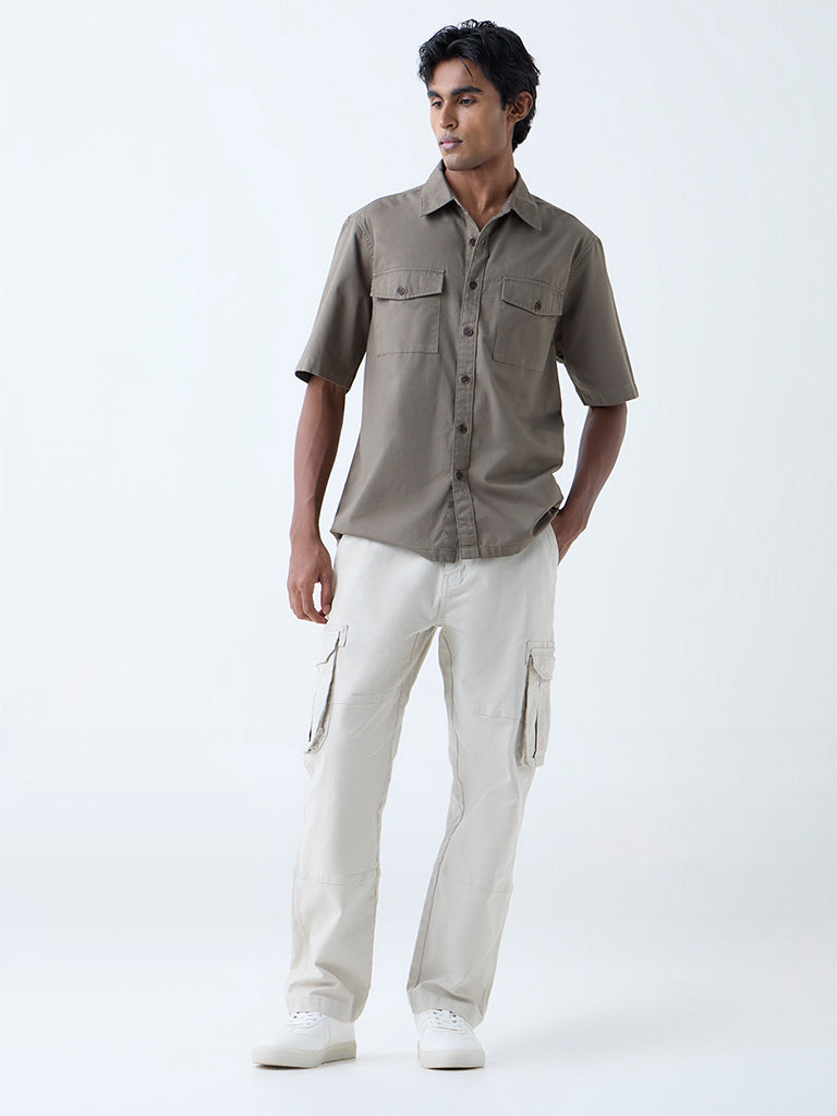 WES Casuals Dark Olive Solid Relaxed-Fit Cotton Shirt