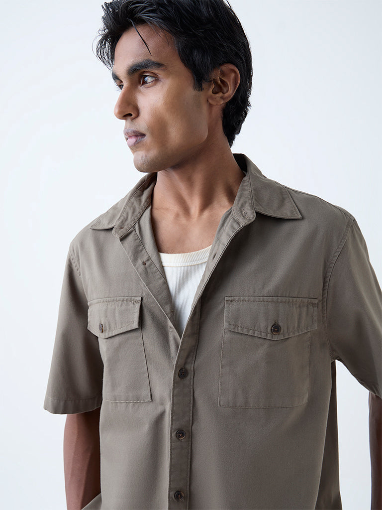 WES Casuals Dark Olive Solid Relaxed-Fit Cotton Shirt