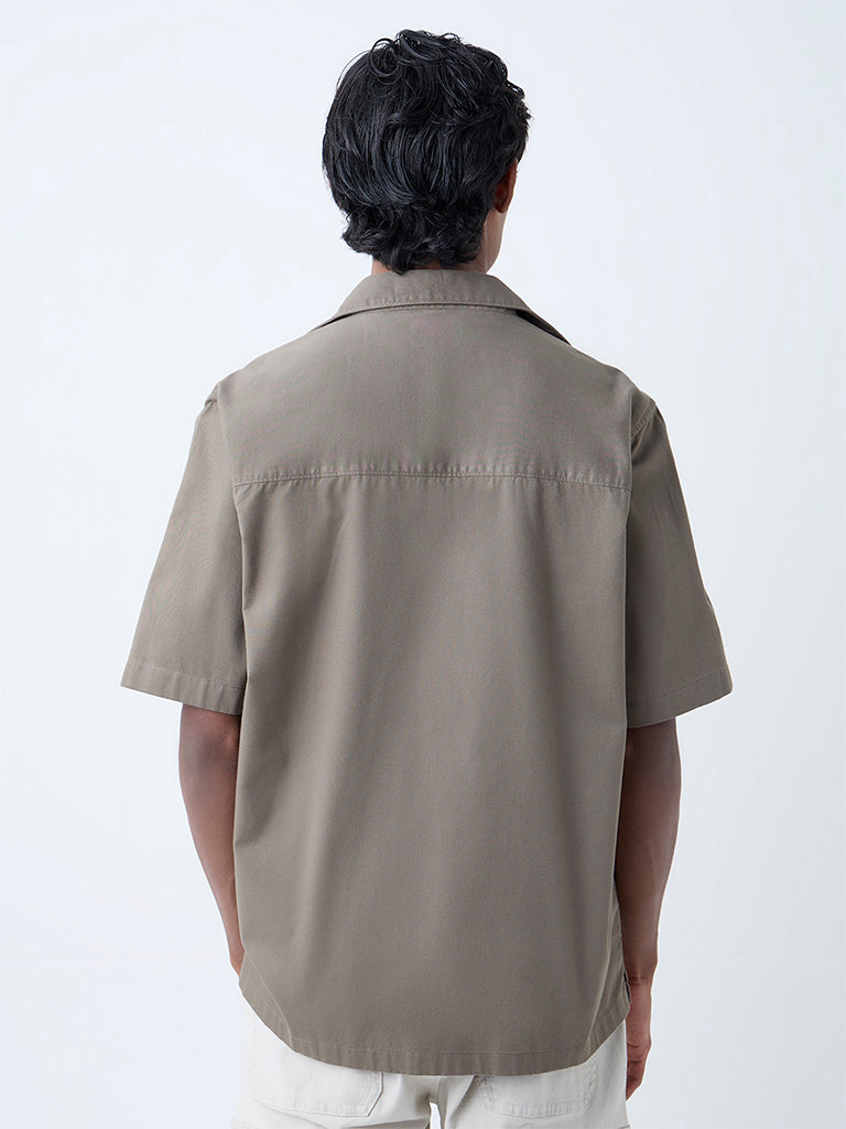 WES Casuals Dark Olive Solid Relaxed-Fit Cotton Shirt