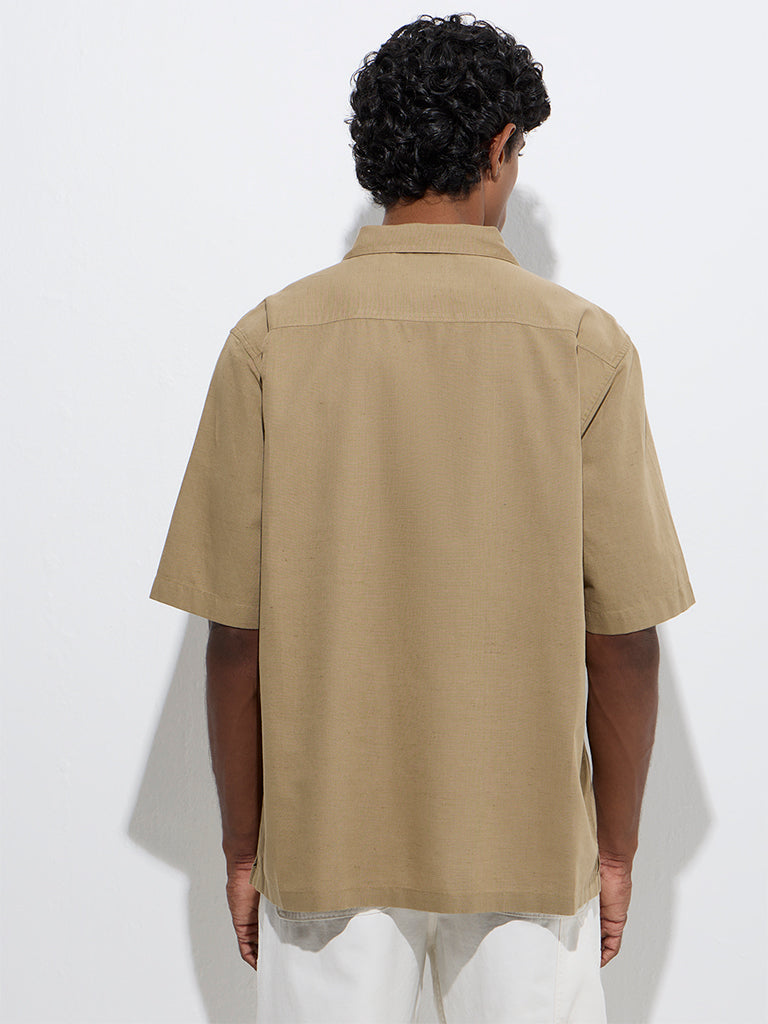 Westside WES Casuals Men's Dark Beige Solid Relaxed-Fit Cotton-Blend Shirt for Casual Wear Back View