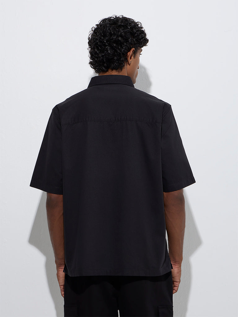 Westside WES Casuals Men's Black Solid Relaxed-Fit Cotton Shirt for Casual Wear Back View