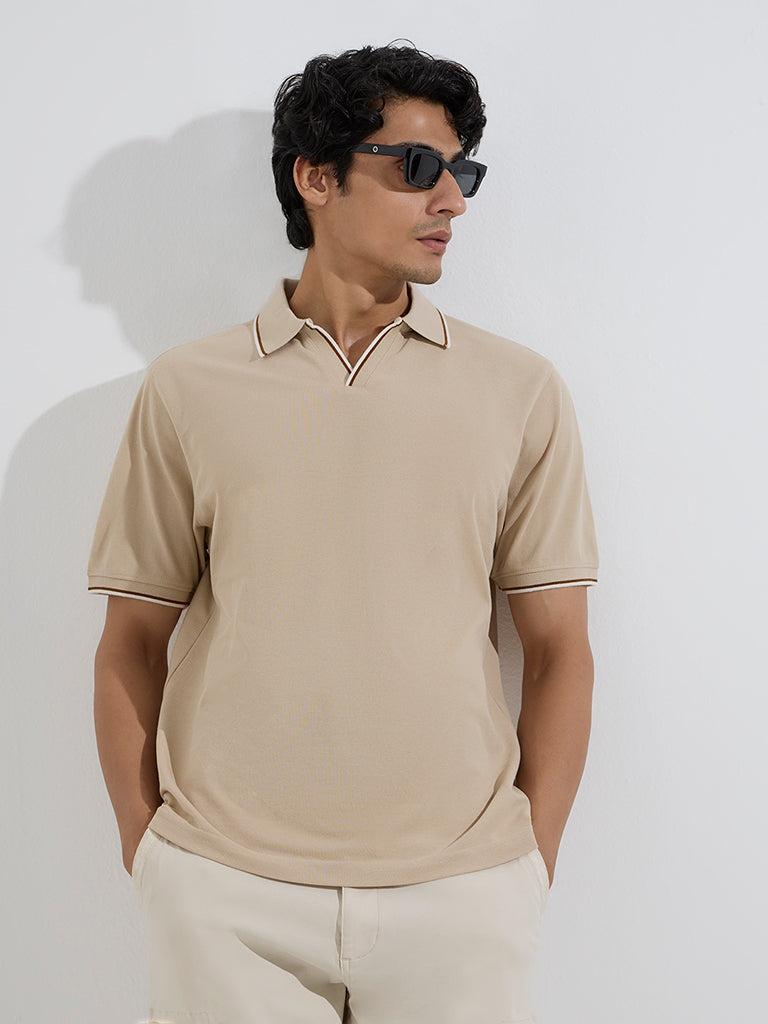 WES Casuals Beige Relaxed-Fit Cotton-Blend Polo T-Shirt
