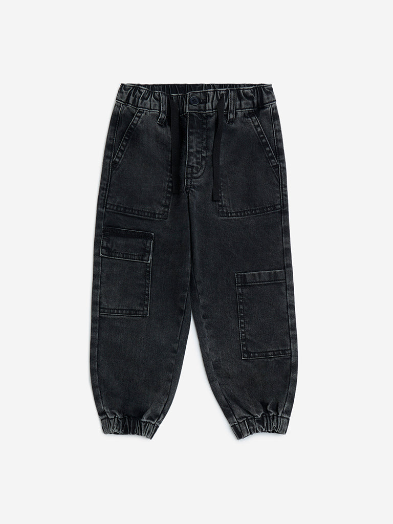 Westside HOP Kids Charcoal Relaxed-Fit Mid-Rise Jogger-Style Jeans for Casual Wear Front View