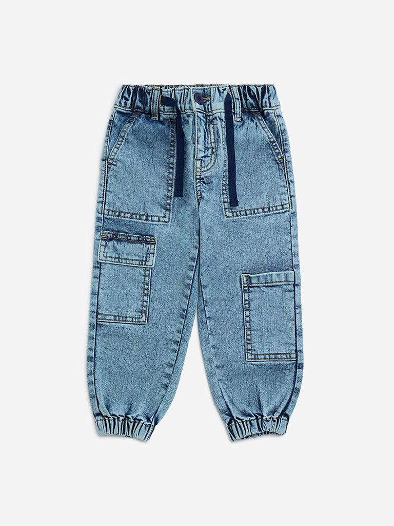 Westside HOP Kids Blue Faded Relaxed-Fit Mid-Rise Jogger-Style Jeans for Casual Wear Front View