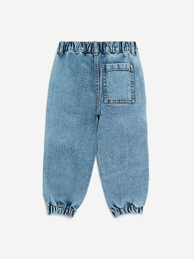 Westside HOP Kids Blue Faded Relaxed-Fit Mid-Rise Jogger-Style Jeans for Casual Wear Back View