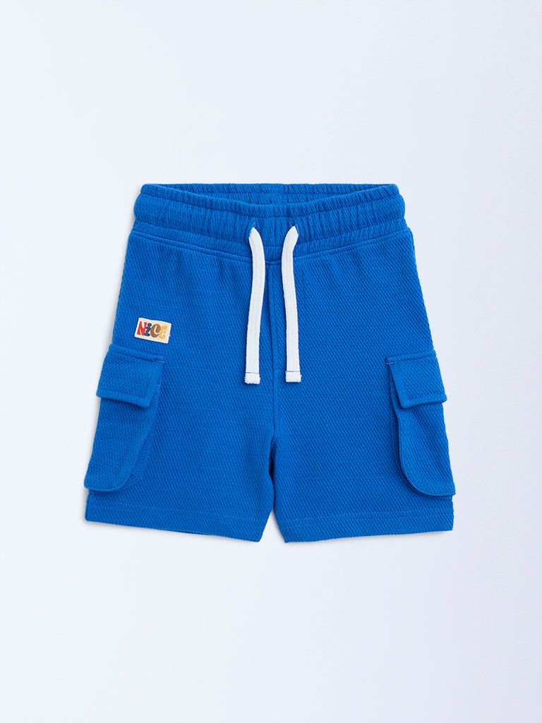 Westside HOP Kids Blue Knitted Mid-Rise Cotton-Blend Shorts for Casual Wear Front View