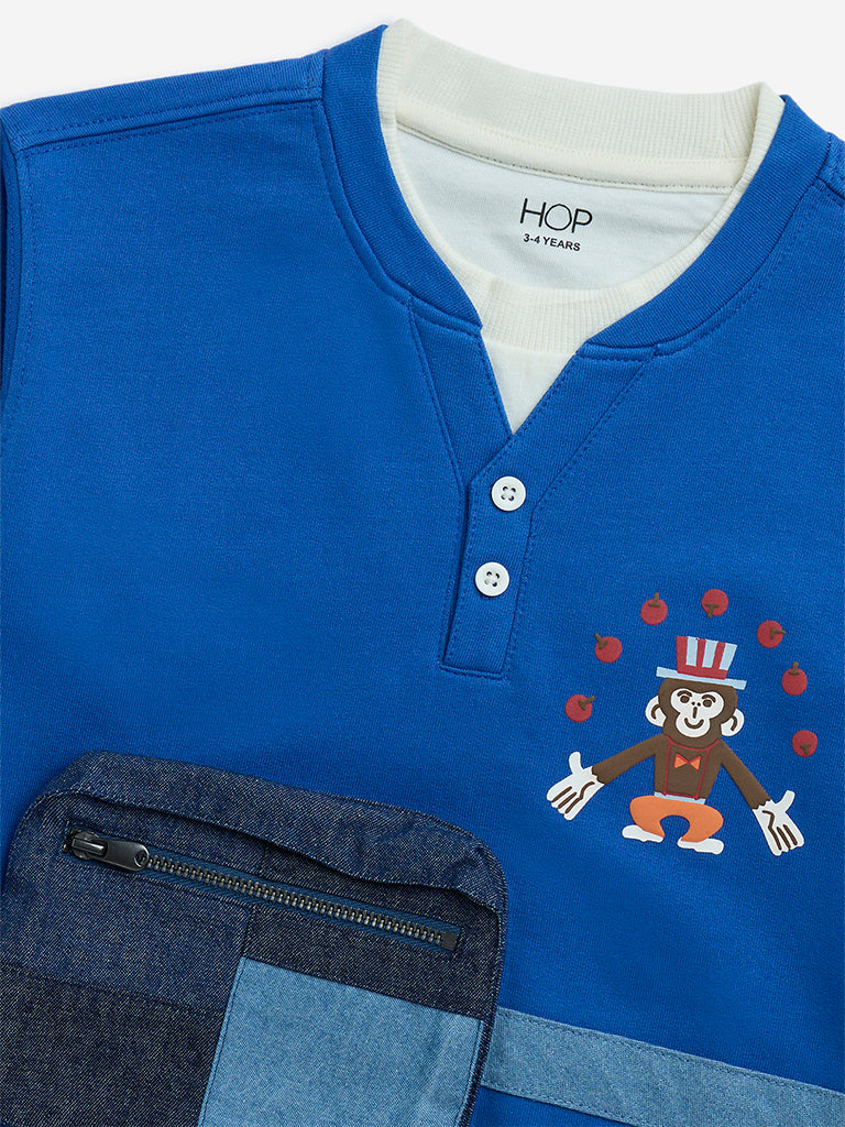 Westside HOP Kids Blue Pouch-Detailed Cotton Sweatshirt for Winter Wear Zoomed View