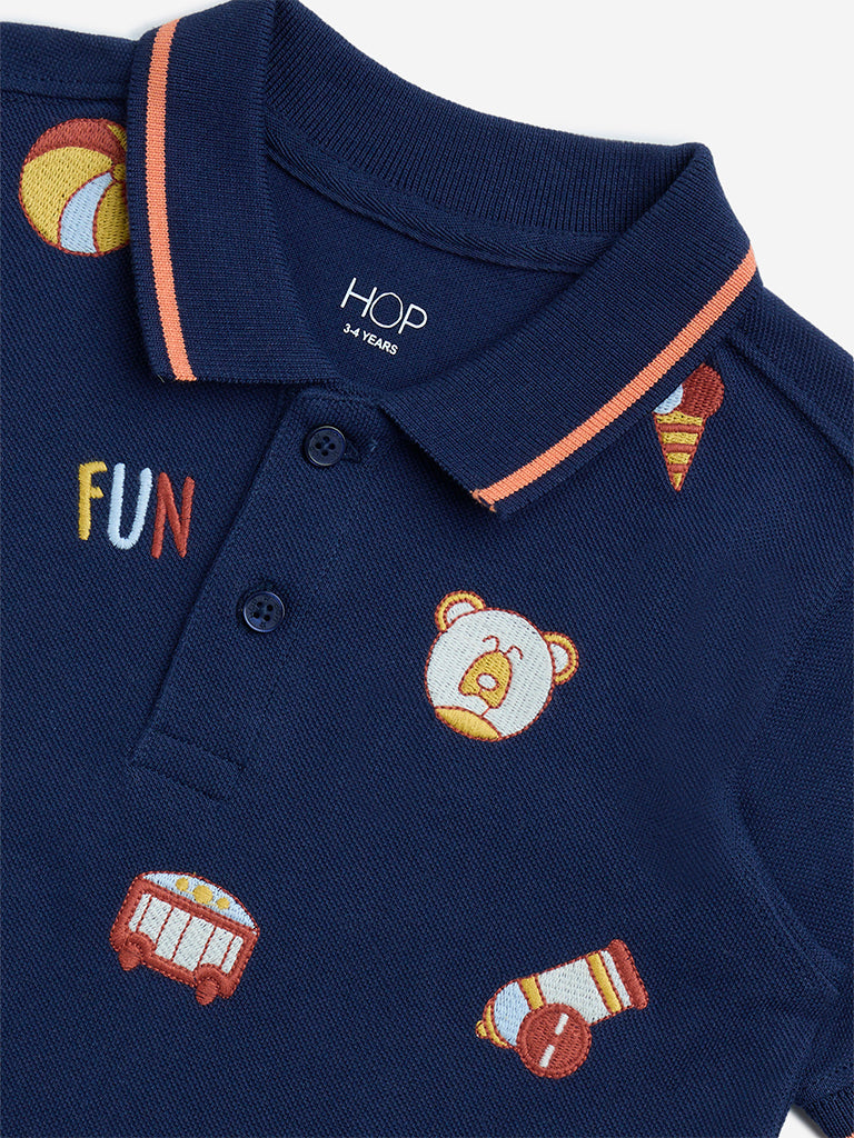 Westside HOP Kids Navy Embroidered Cotton Polo T-Shirt for Casual Wear Zoomed View