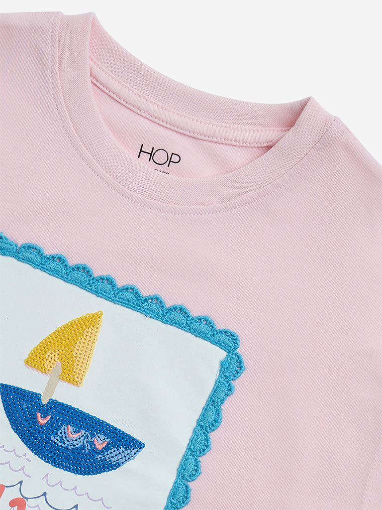 Westside HOP Kids Pink Embroidered Cotton Top for Casual Wear Zoomed View
