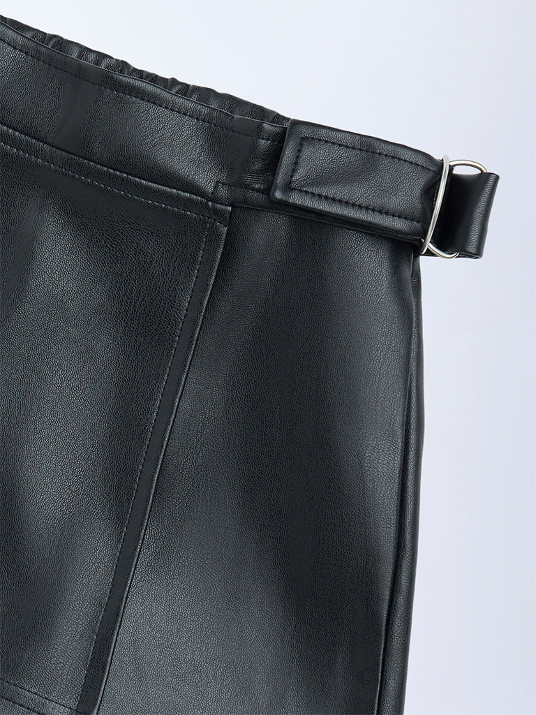 HOP Kids Girls Black Faux Leather High-Rise Skort