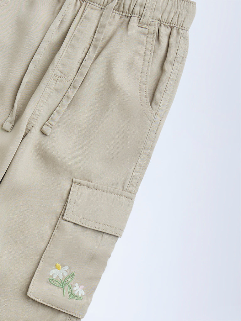HOP Kids Girls Beige Cargo-Style High-Rise Trousers