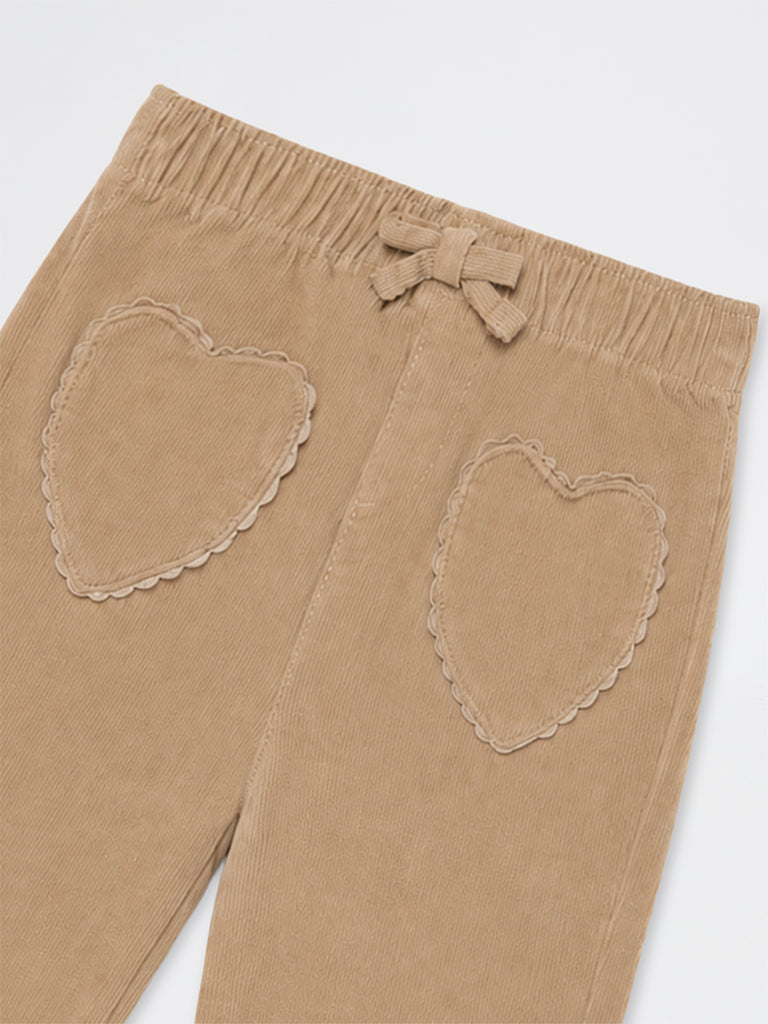 HOP Baby Girls Dark Taupe Corduroy High-Rise Cotton-Blend Trousers