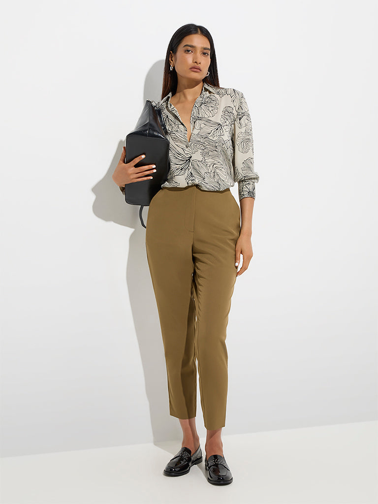 Westside Wardrobe Women's Khaki Slim-Fit High-Rise Trousers for Work Wear Full View