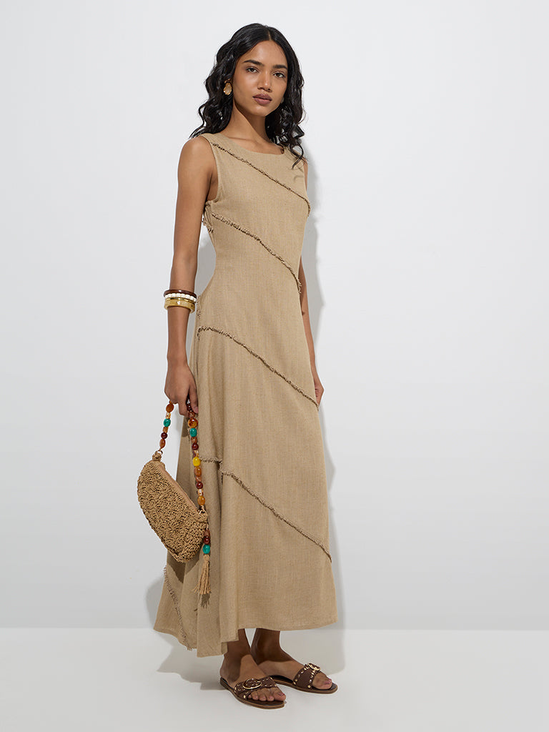 Westside LOV Women's Taupe Fringe-Detailed A-Line Dress for Casual Wear Full Model View