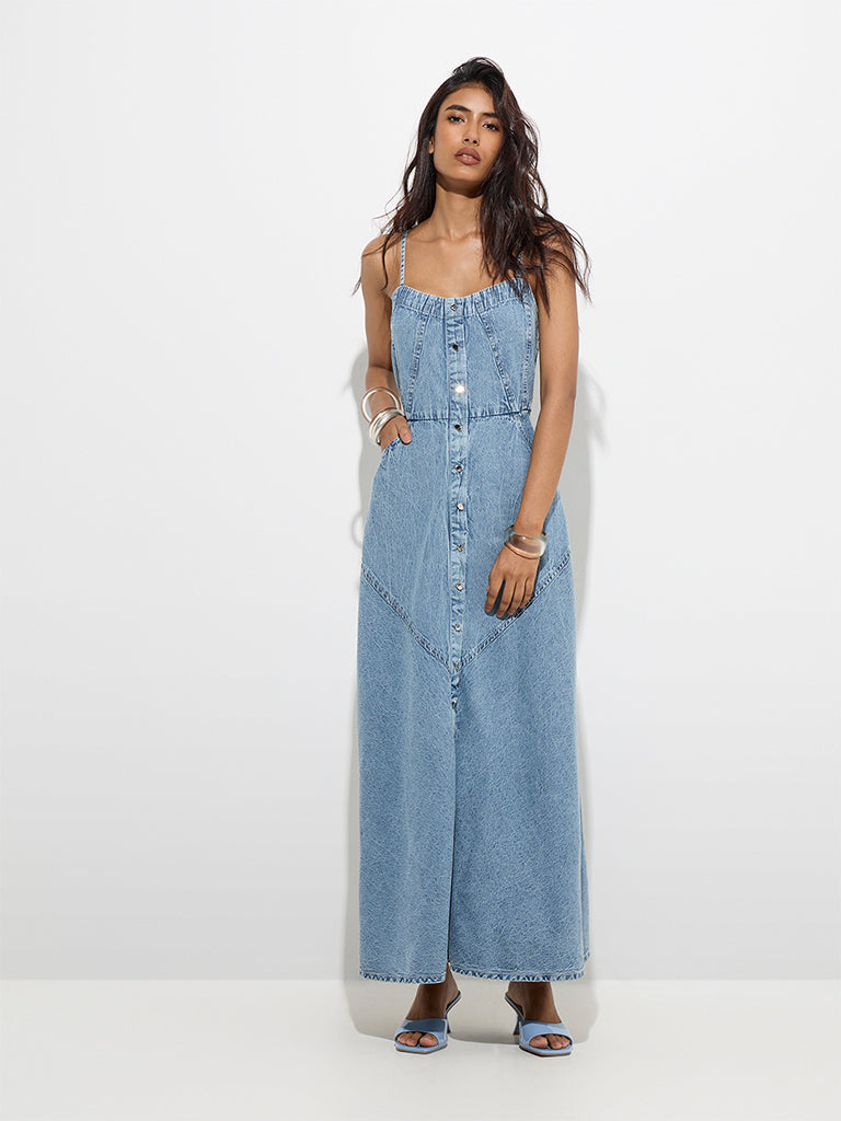 Westside LOV Women's Blue Denim A-Line Dress for Casual Wear Front View
