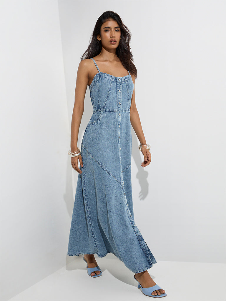 Westside LOV Women's Blue Denim A-Line Dress for Casual Wear Full Model View