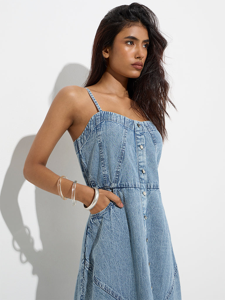 Westside LOV Women's Blue Denim A-Line Dress for Casual Wear Zoom View