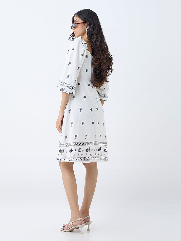LOV Off-White Tropical-Inspired Linen-Blend Off-Shoulder Dress