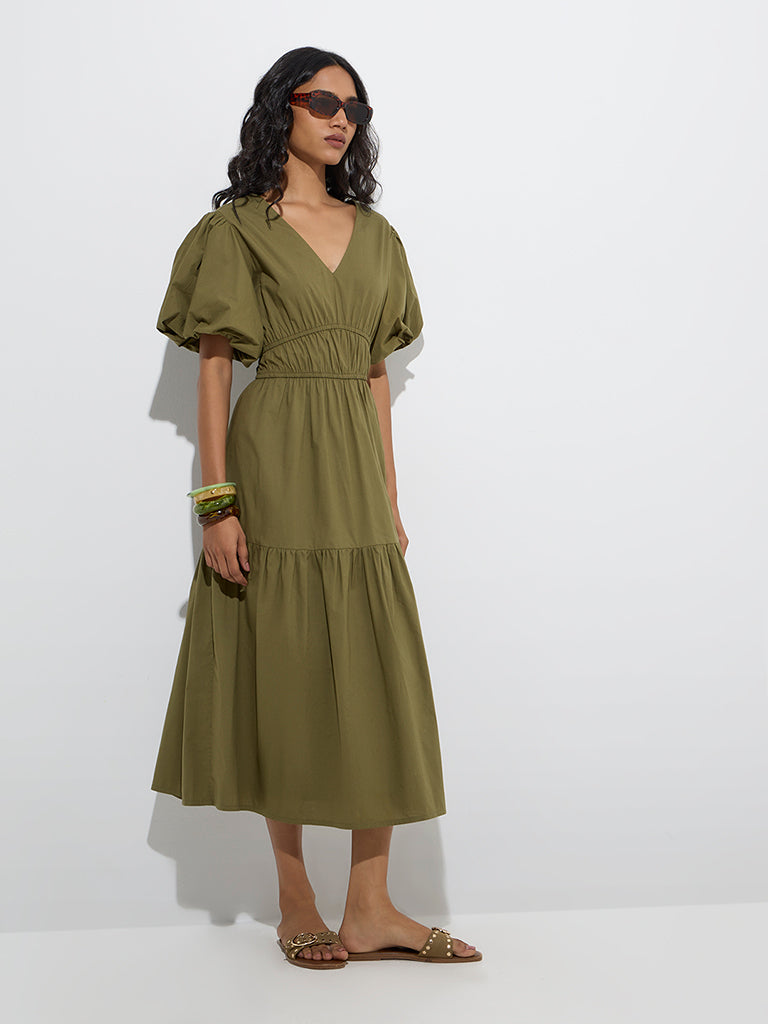 Westside LOV Women's Olive Solid Cotton Tiered Dress for Casual Wear Front View