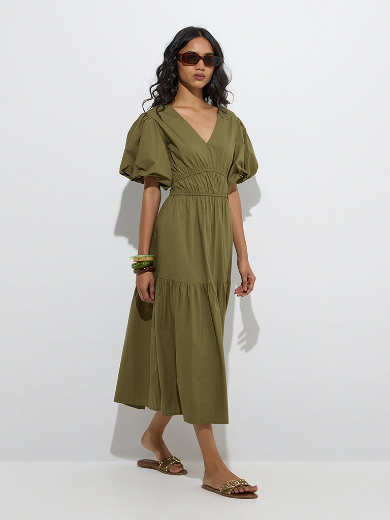 Westside LOV Women's Olive Solid Cotton Tiered Dress for Casual Wear Full Model View