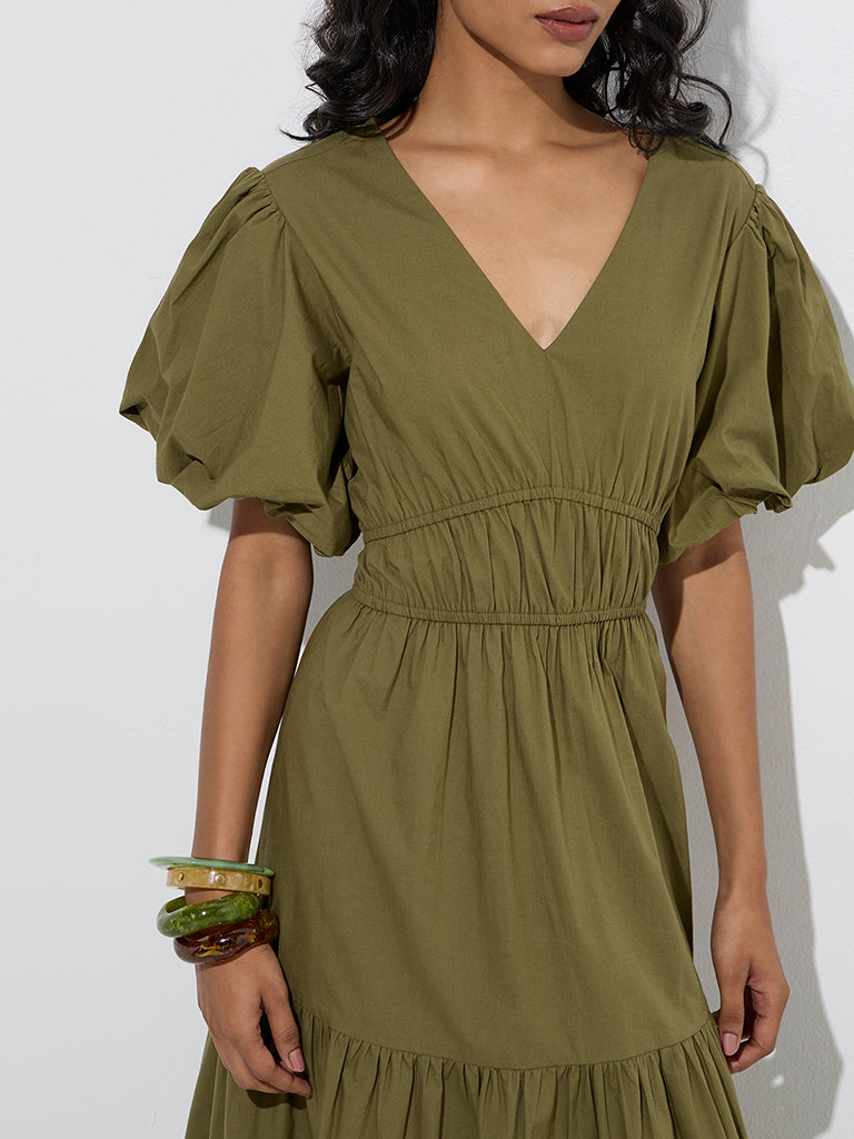 Westside LOV Women's Olive Solid Cotton Tiered Dress for Casual Wear Zoom View