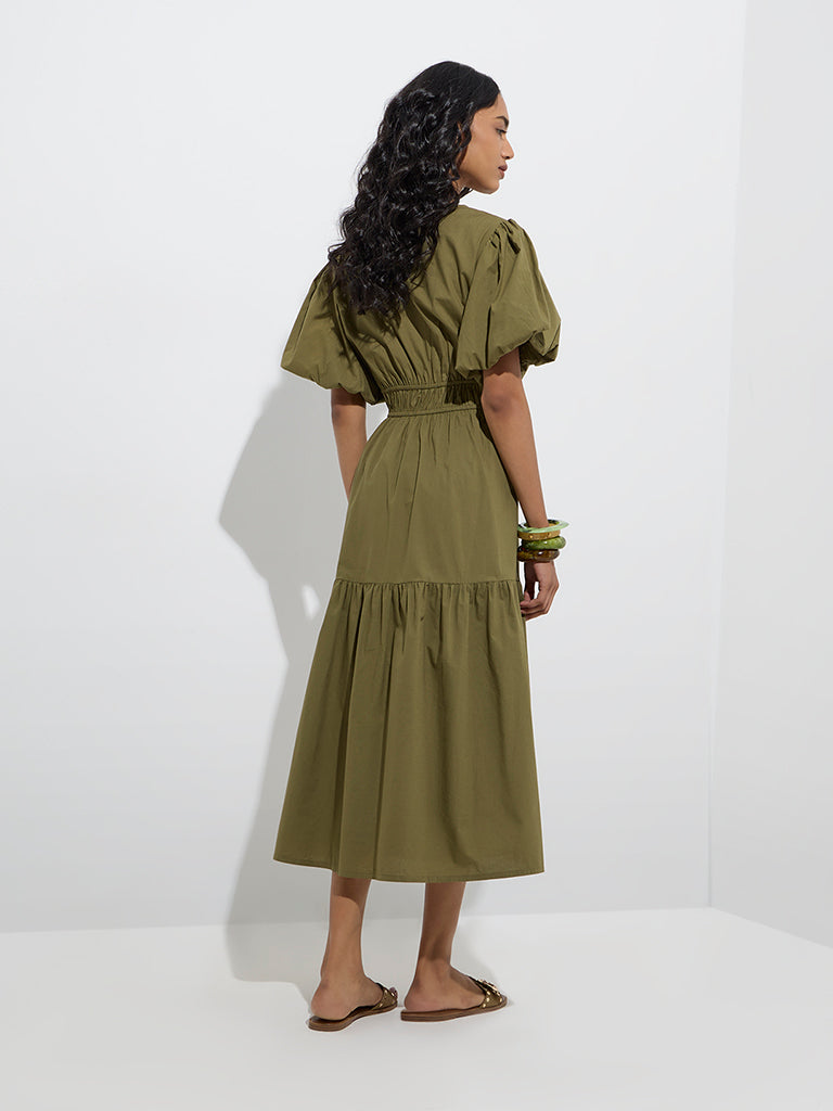 Westside LOV Women's Olive Solid Cotton Tiered Dress for Casual Wear Back View