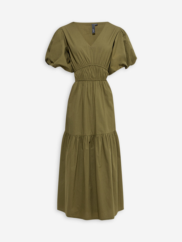 Westside LOV Women's Olive Solid Cotton Tiered Dress for Casual Wear Flatly View