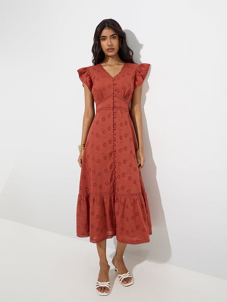 Westside LOV Women's Rust Schiffli-Detailed Cotton Tiered Dress for Casual Wear Front View