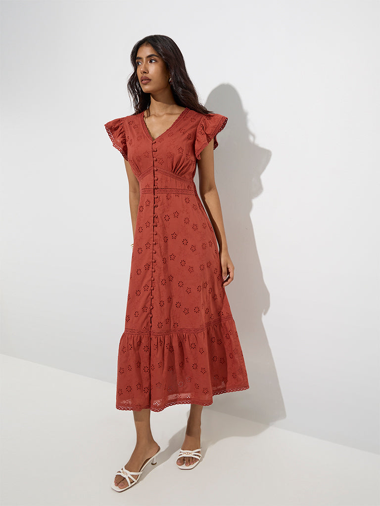 Westside LOV Women's Rust Schiffli-Detailed Cotton Tiered Dress for Casual Wear Full Model View
