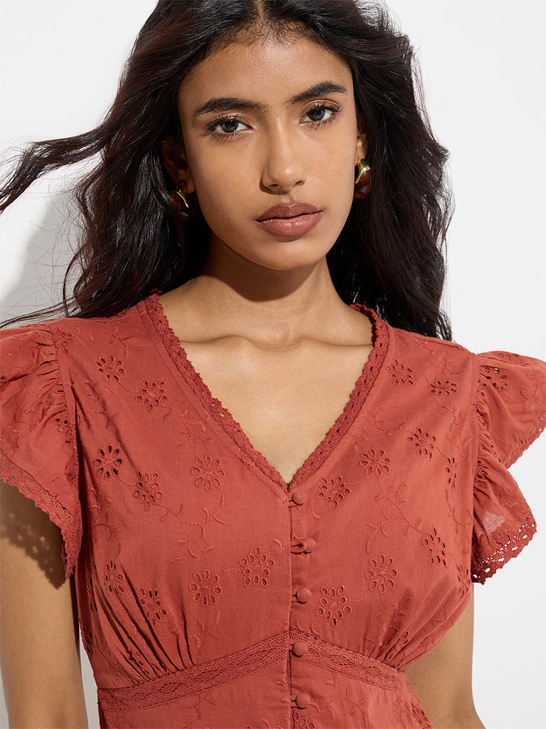 Westside LOV Women's Rust Schiffli-Detailed Cotton Tiered Dress for Casual Wear Zoom View