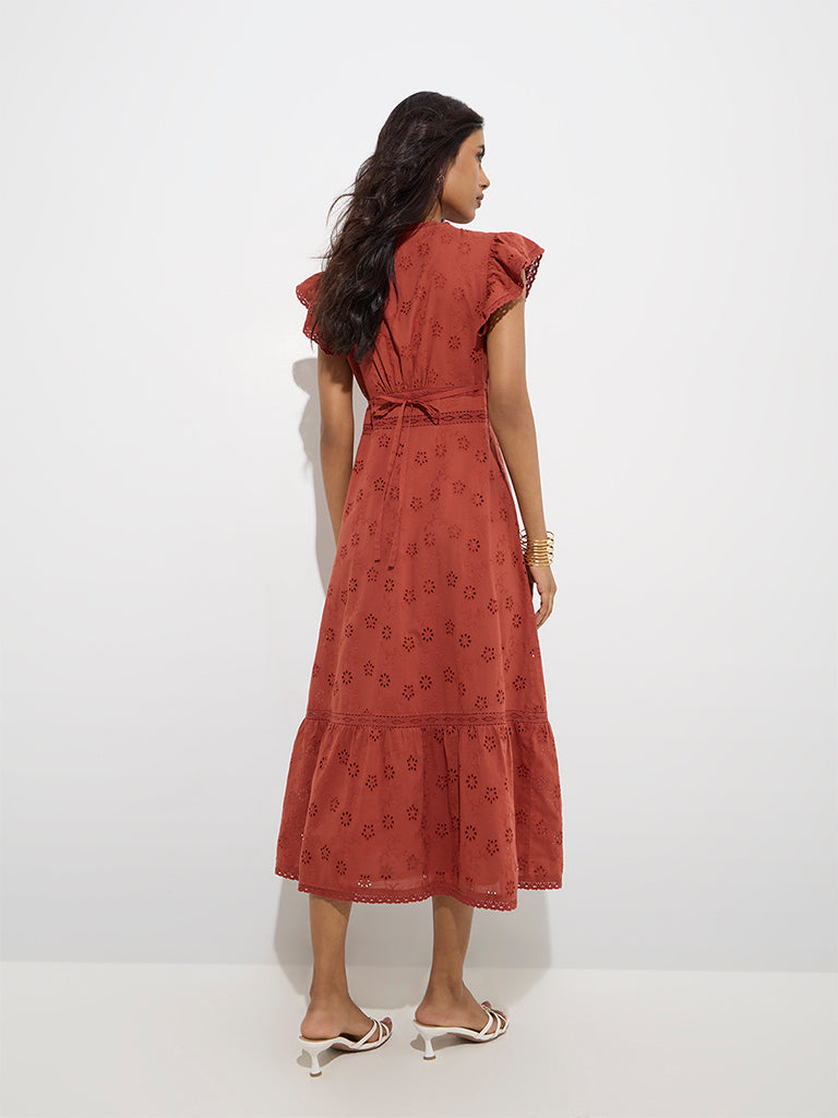 Westside LOV Women's Rust Schiffli-Detailed Cotton Tiered Dress for Casual Wear Back View