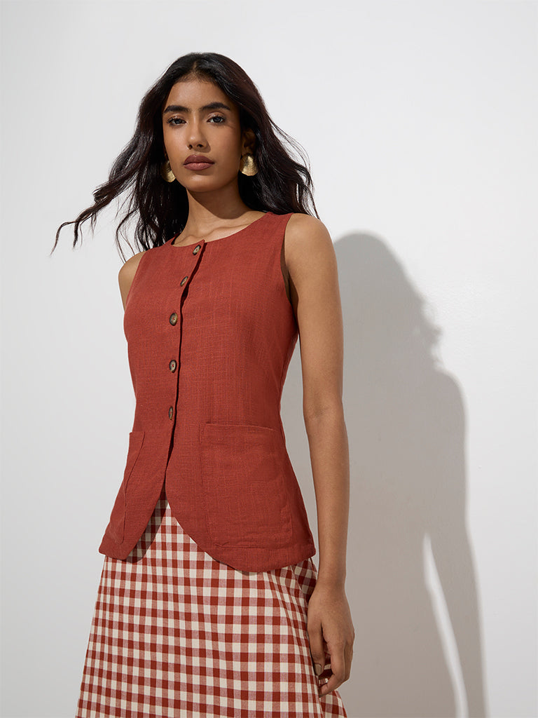 Buy LOV Rust Solid Waistcoat-Style Linen Top from Westside