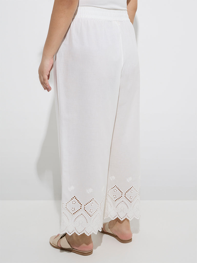Diza White Schiffli Design Cotton Ethnic Pants