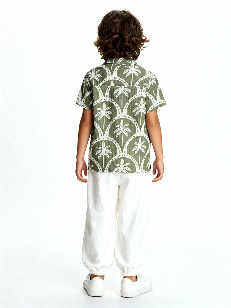 HOP Kids Boys Olive Tropical-Inspired Cotton-Blend Shirt