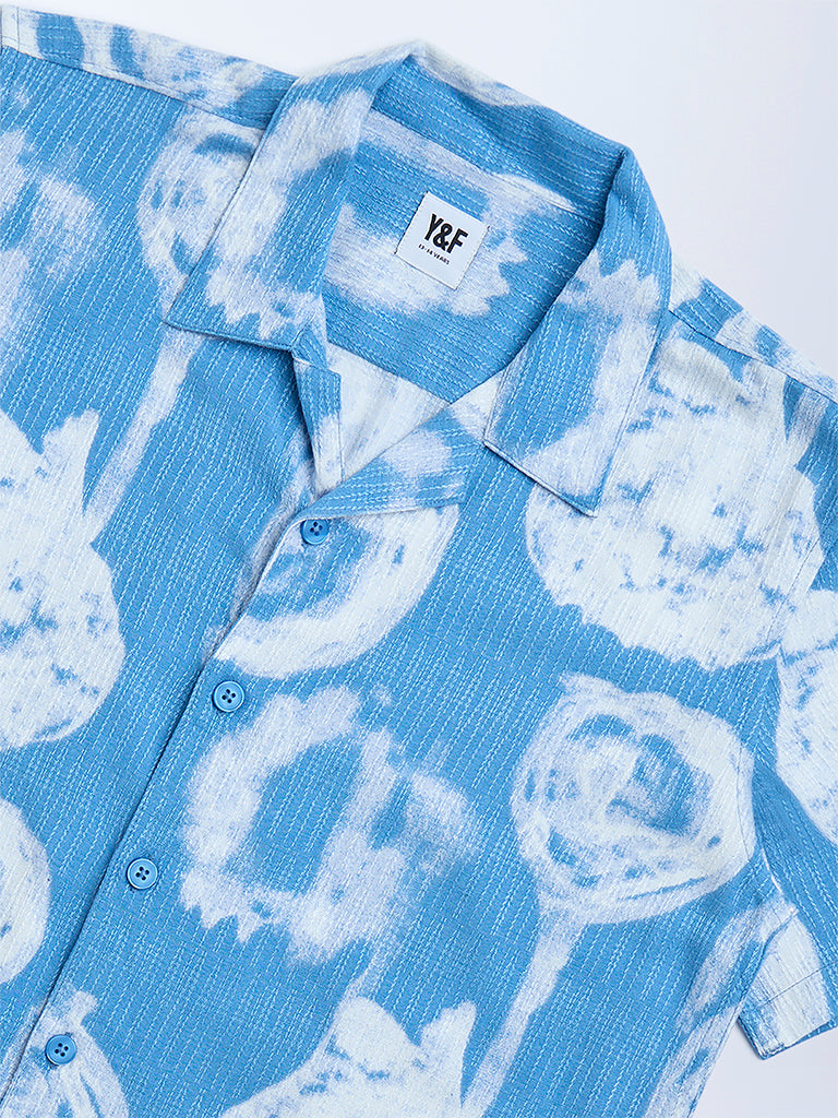 Westside Y&F Boy's Blue Abstract Design Resort-Fit Shirt for Casual Wear Zoomed View