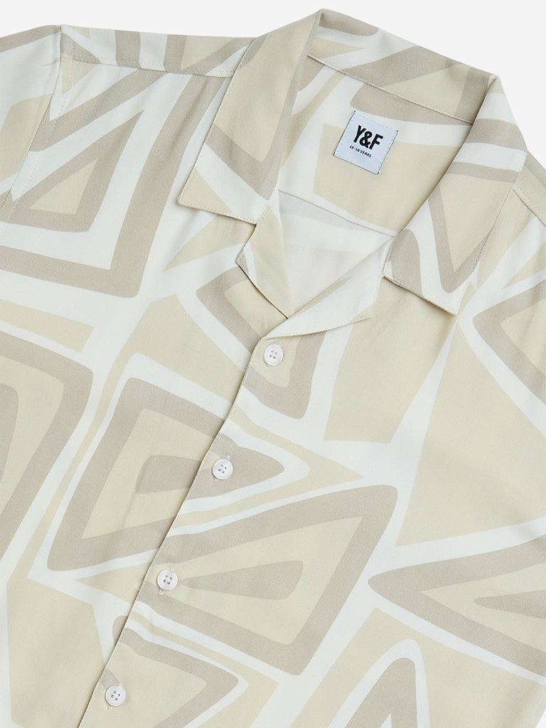 Westside Y&F Boy's Beige Geometric Printed Cotton Shirt for Casual Wear Zoomed View