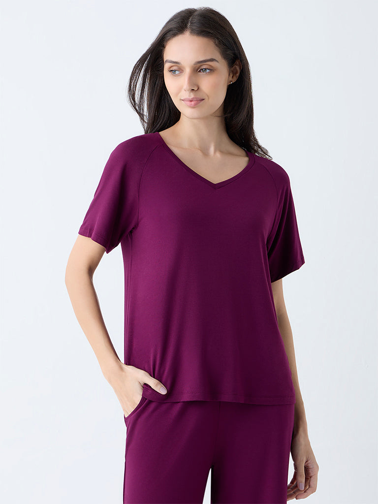 Buy Wunderlove Purple Solid V-Neck T-Shirt from Westside