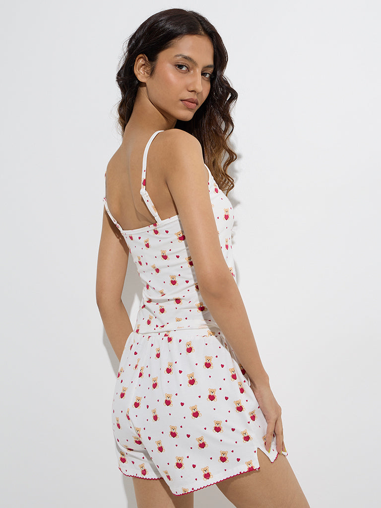 Superstar White Teddy Printed Cotton-Blend Camisole