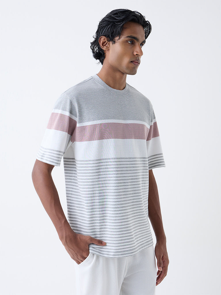 WES Lounge Grey Self-Striped Relaxed-Fit Cotton-Blend T-Shirt