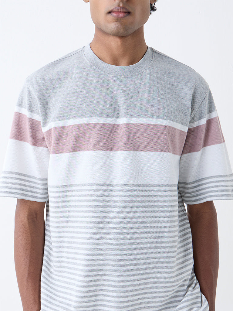 WES Lounge Grey Self-Striped Relaxed-Fit Cotton-Blend T-Shirt