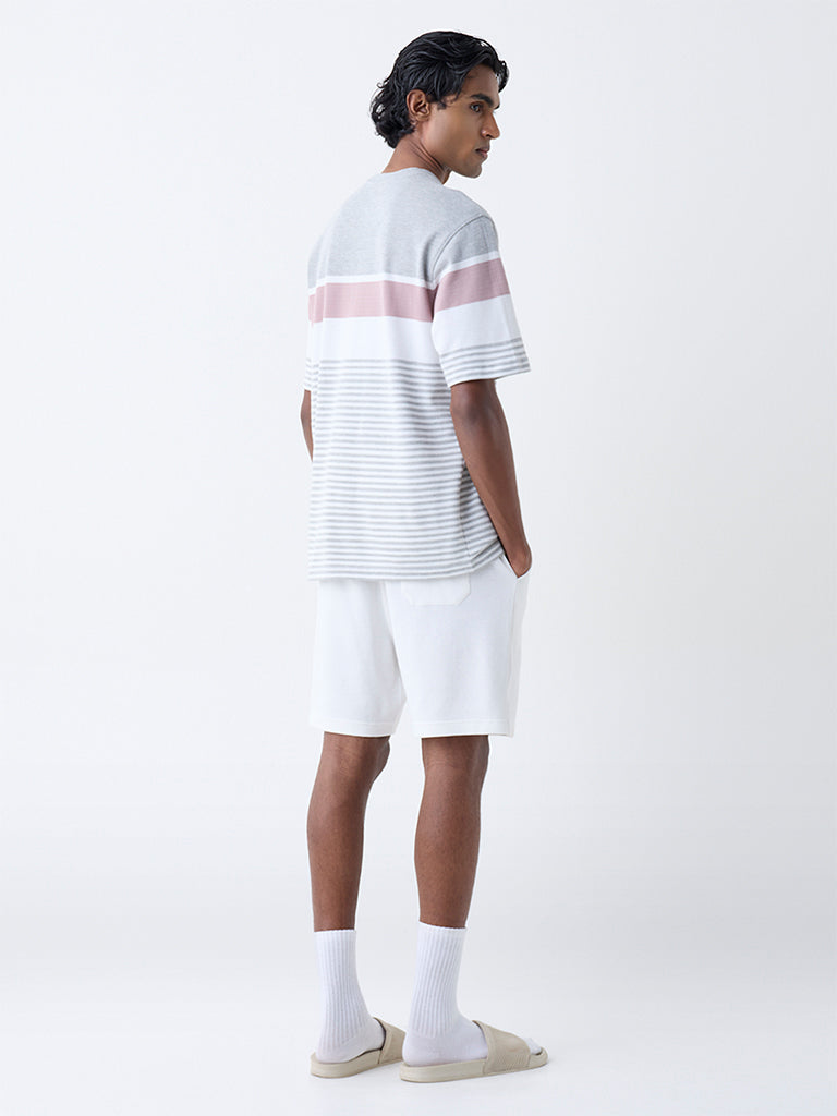 WES Lounge Grey Self-Striped Relaxed-Fit Cotton-Blend T-Shirt