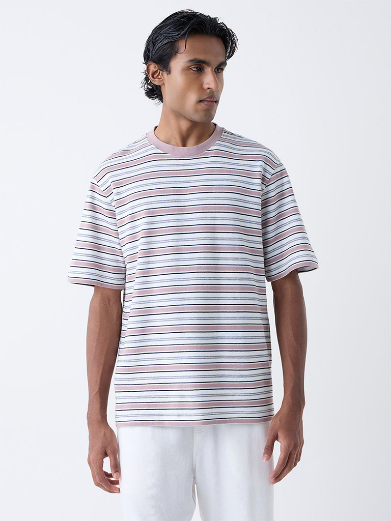 WES Lounge Pink Striped Relaxed-Fit Cotton-Blend T-Shirt