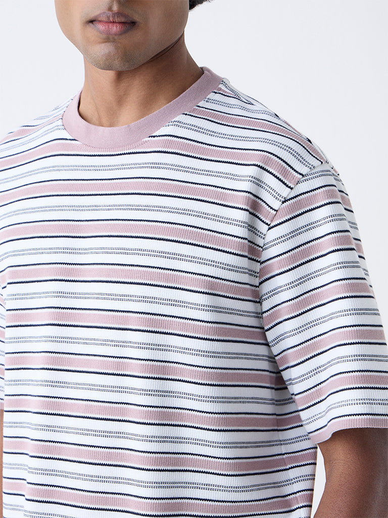 WES Lounge Pink Striped Relaxed-Fit Cotton-Blend T-Shirt