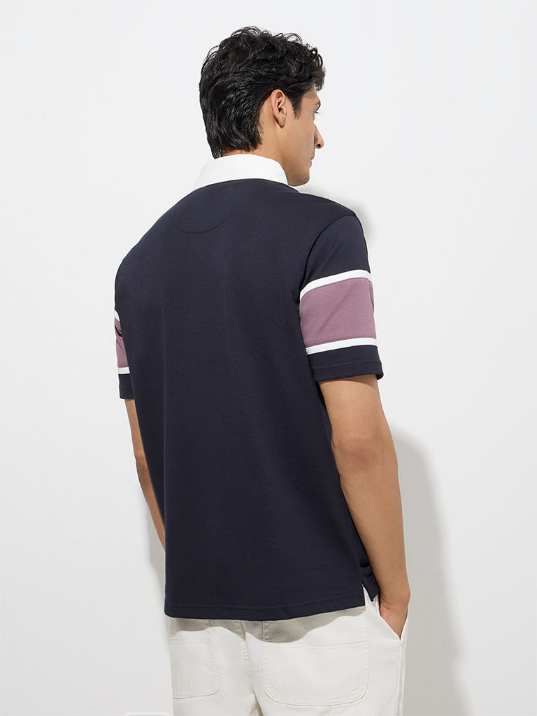 Westside WES Casuals Men's Navy Relaxed-Fit Cotton-Blend Polo T-Shirt for Casual Wear Back View