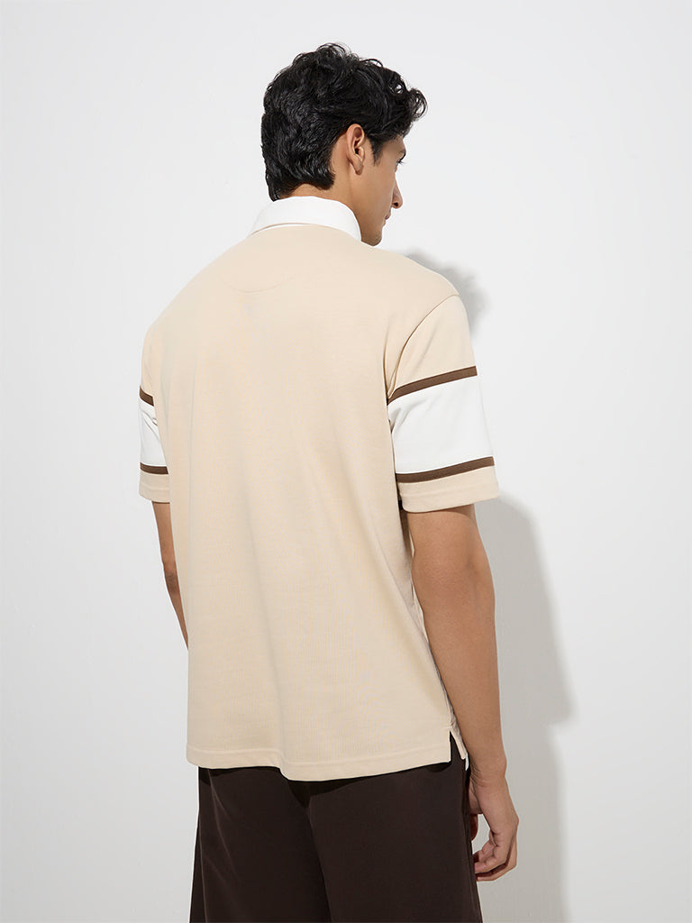 Westside WES Casuals Men's Beige Relaxed-Fit Cotton-Blend Polo T-Shirt for Casual Wear Back View
