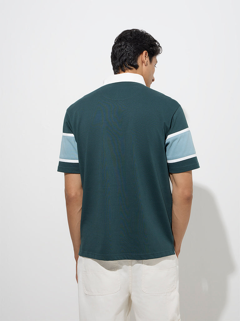 Westside WES Casuals Men's Teal Relaxed-Fit Cotton-Blend Polo T-Shirt for Casual Wear Back View