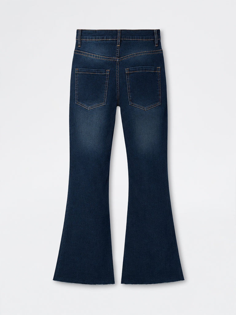 Nuon Dark Blue Washed High-Rise Flared Jeans