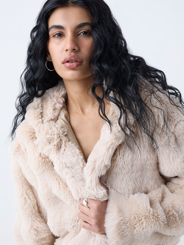 Buy Nuon Beige Hooded Fur Jacket from Westside
