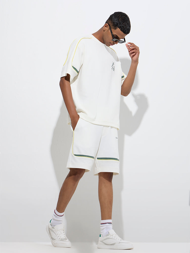 Westside Studiofit Men's White Text Relaxed-Fit Cotton-Blend T-Shirt for Sports Wear Full Model View